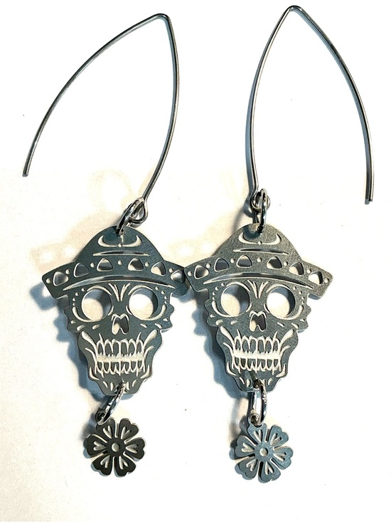Hand Crafted Jewelry - 🆕 Male Sugar Skulls with Flower Laser Etched Dangle Earrings